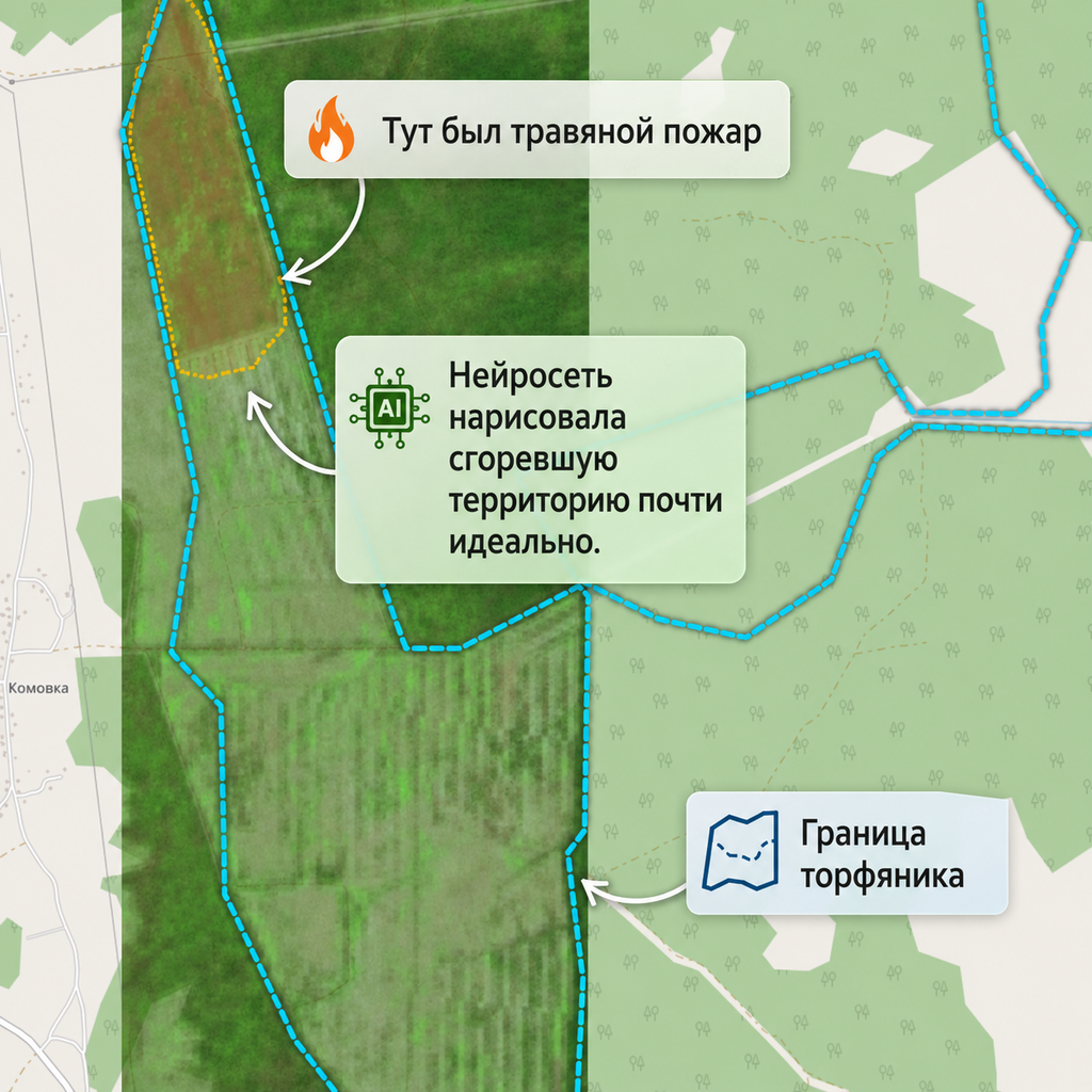 Спутниковый снимок: граница торфяника, подсказка нейросети и след травяного пожара