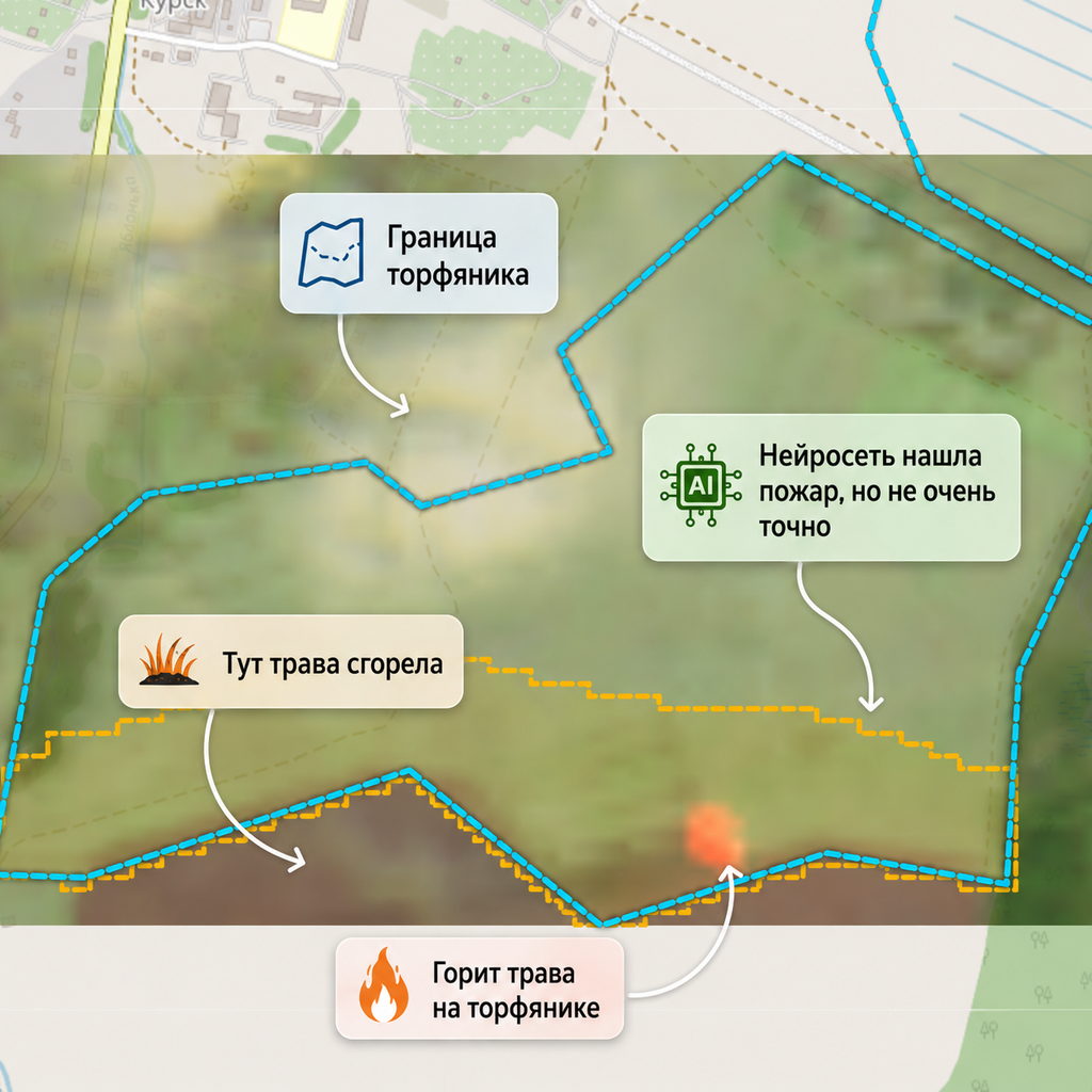 Сравнение границы торфяника и результата нейросети для сложной гари